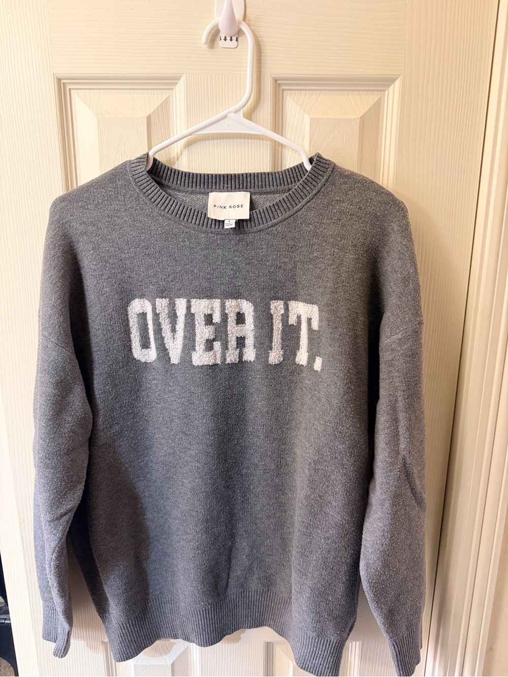 Pink Rose Gray Crewneck Sweater with "OVER IT." Graphic